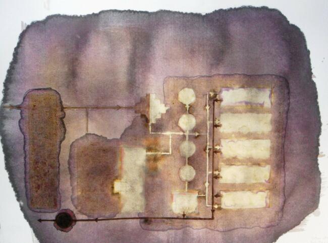 Ink and bleach drawing of a biological research facility